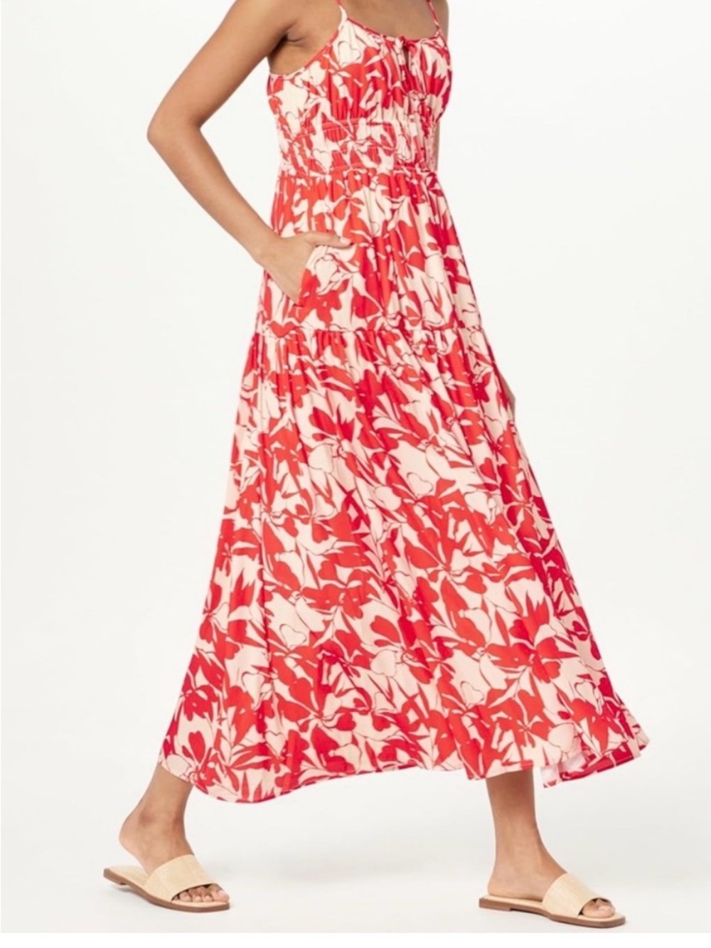 The drop tie front tiered maxi dress in tomato red foliage print size small